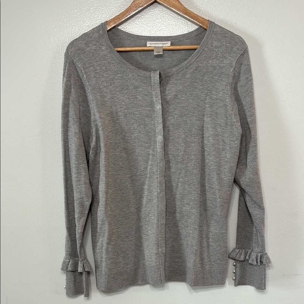 Christopher & Banks Gray Women's Cardigan W/ Ruffle and Pearl Sleeves Size L